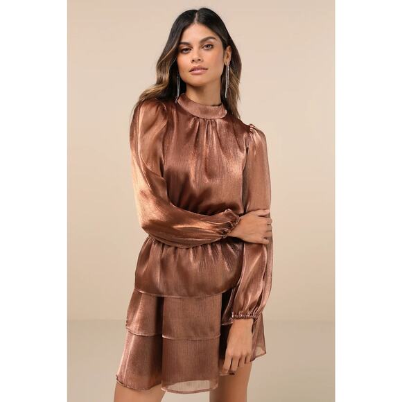 Lulus Ideal Behavior Bronze Metallic Backless Tiered Mini‎ Dress Size Large New - Picture 1 of 12